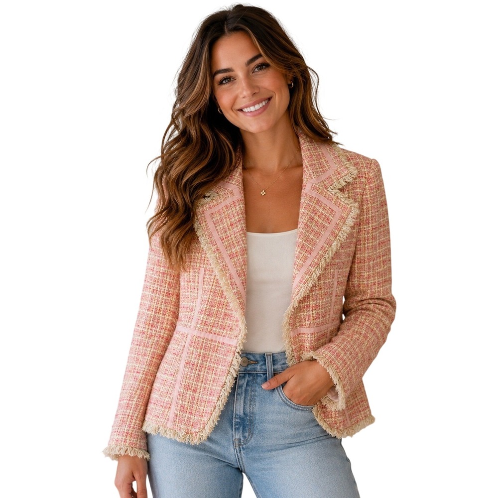 Guess Collection Pink Tweed Fringe Blazer Jacket XS